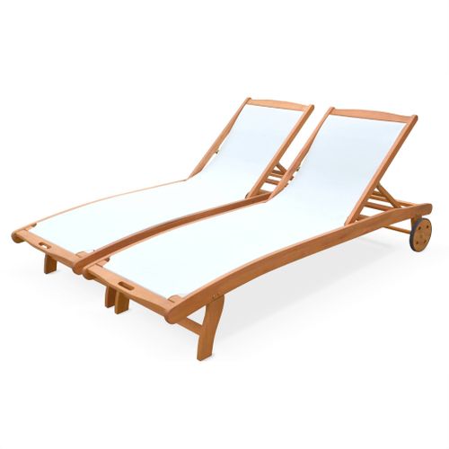 Bains De Soleil En Bois - Marbella Blanc - 2 Transats En Bois D'eucalyptus Huilé Et Textilène Blanc