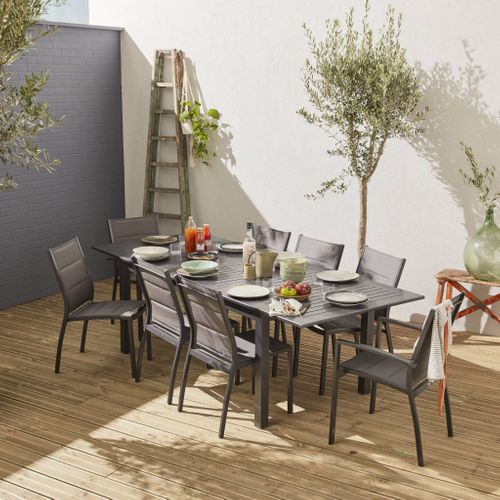 Table De Jardin Extensible Aluminium + 8 Assises - Chicago Anthracite/gris Taupe - Table En