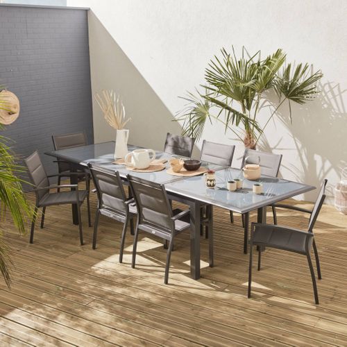 Table De Jardin Extensible Aluminium + 8 Assises Gris Anthracite - Table En Aluminium 200/300cm.