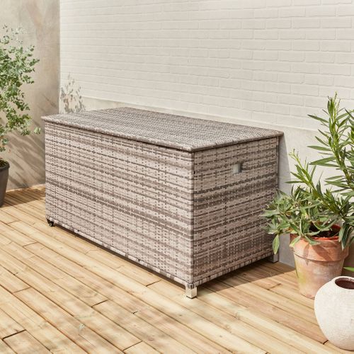 Coffre De Jardin En Résine Tressée - Cassapanca Nuances De Gris - 790l. Vérins. Roulettes. Poignée