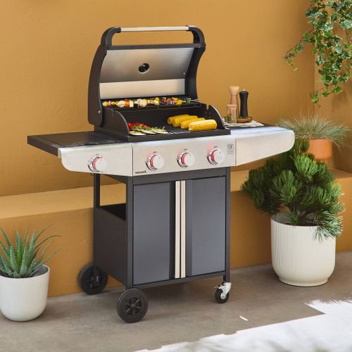 Barbecue Au Gaz - Bazin 3 Gris Anthracite -  Cuisine Extérieure 3 Brûleurs + 1 Feu Latéral Avec