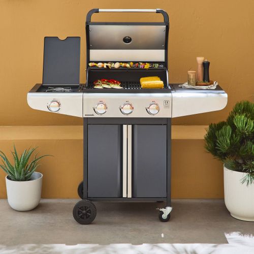 Barbecue Au Gaz - Bazin 3 Gris Anthracite -  Cuisine Extérieure 3 Brûleurs + 1 Feu Latéral Avec