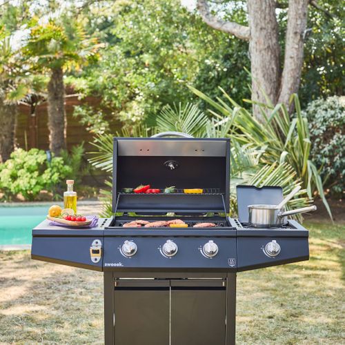 Barbecue Gaz - Treville - Barbecue 3 Brûleurs + 1 Feu Latéral Noir. Avec Thermomètre