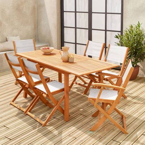 Salon De Jardin En Bois Extensible - Almeria - Table 120/180cm Avec Rallonge 2 Fauteuils + 4 chaises