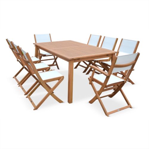 Table De Jardin Extensible Bois D'eucalyptus + 8 Assises En Bois D'eucalyptus Huilé Et Textilène