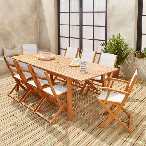 Table De Jardin Extensible Bois D'eucalyptus + 8 Assises En Bois D'eucalyptus Huilé Et Textilène