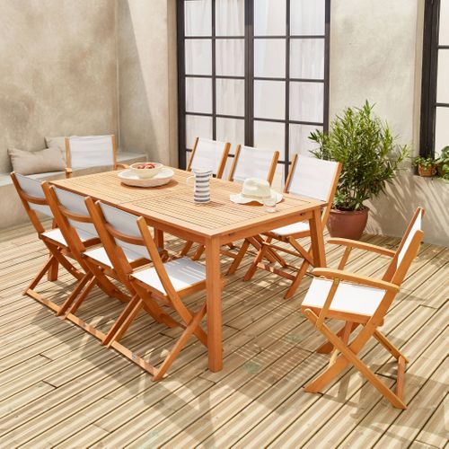 Table De Jardin Extensible Bois D'eucalyptus + 8 Assises En Bois D'eucalyptus Huilé Et Textilène