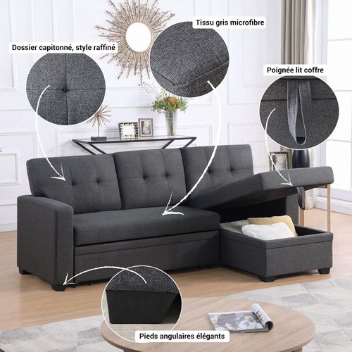 Canapé Convertible Réversible 3 Places Gris - Norden