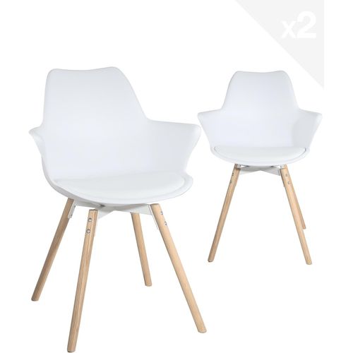 Lot 2 Chaises Scandinaves Accoudoirs Pieds Bois Clair Coussin Simili Moti (blanc)