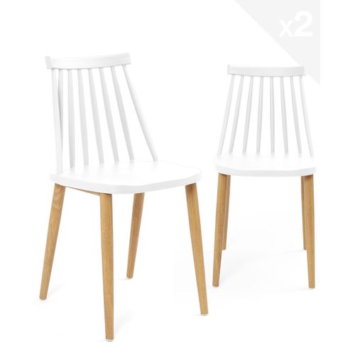 Lot 2 Chaises De Cuisine Scandinaves Siège Plastique à Barreaux Pied Métal Ton Bois Bao (blanc)