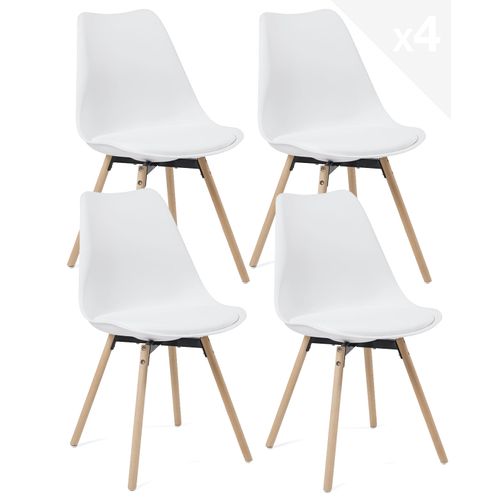 Lot 4 Chaises Scandinaves Cuisine Coussin Simili Pieds Bois Clair Mia (blanc)