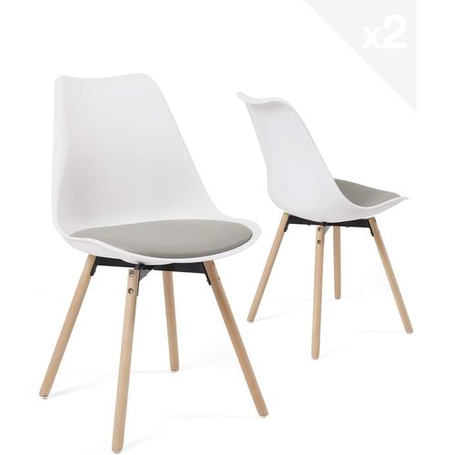 Lot 2 Chaises Scandinaves Cuisine Coussin Simili Pieds Bois Clair Mia (blanc Gris)