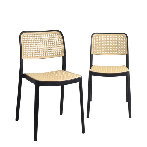 Lot De 2 Chaises De Cuisine Empilables Yao – Imitation Rotin Noir Et Beige