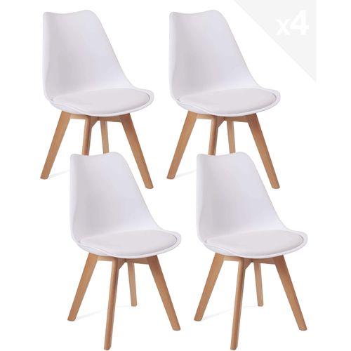 Lot 4 Chaises Scandinaves Large Siège Coussin Simili Pieds Bois Hêtre Lao (blanc)