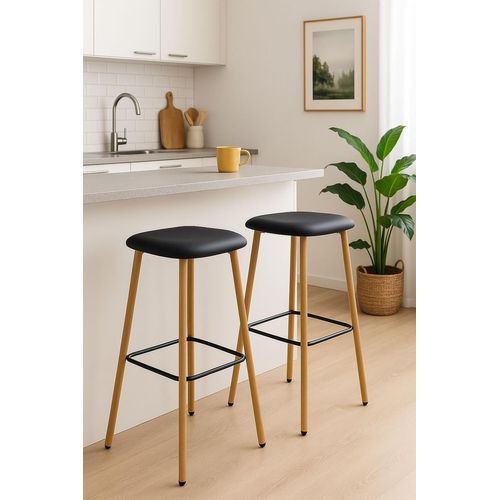 Tabourets De Bar, Hauteur D'assise 78 Cm, Pieds Métal Immitation Hêtre, Lot De 2 Nes (noir)