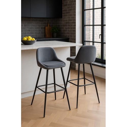 Tabourets De Bar Velours, Lot De 2, Pieds Métal Noir, Hauteur D'assise 68 Cm, Mira (gris)