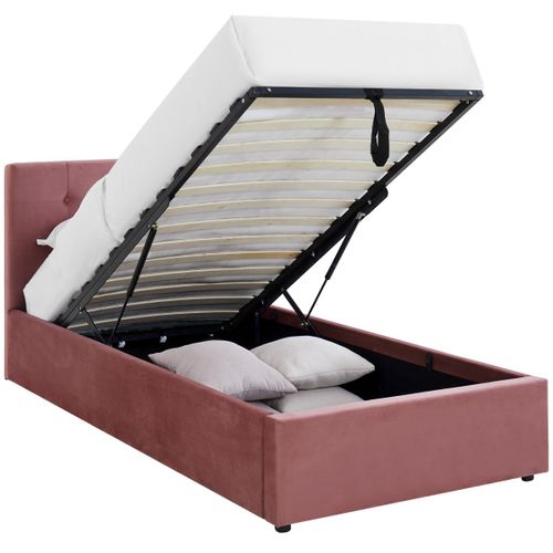 Lit Coffre Adulte 90x190 Cm Avec Tête De Lit Matelassée En Velours Rose Et Sommier - Tina