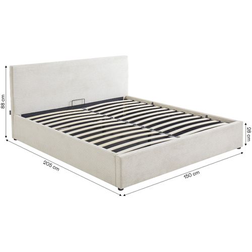 Lit Coffre Adulte 140x190 Cm Avec Tête De Lit Matelassée En Velours Côtelé Beige Et Sommier - Tina