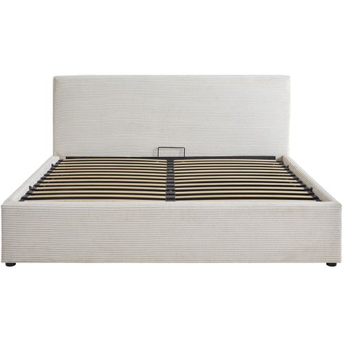 Lit Coffre Adulte 140x190 Cm Avec Tête De Lit Matelassée En Velours Côtelé Beige Et Sommier - Tina