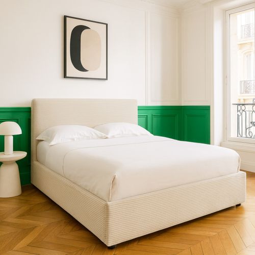 Lit Coffre Adulte 160x200 Cm Avec Tête De Lit Matelassée En Velours Côtelé Beige Et Sommier - Tina