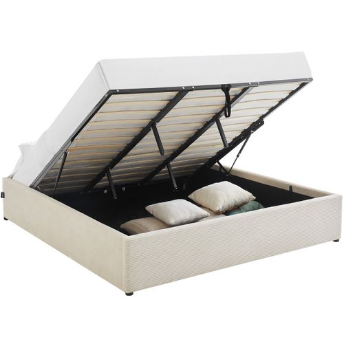 Lit Coffre Adulte 180x200 Cm En Velours Côtelé Beige Avec Sommier - Handy