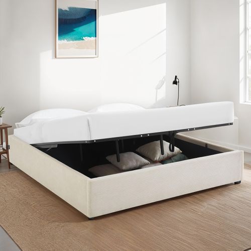 Lit Coffre Adulte 180x200 Cm En Velours Côtelé Beige Avec Sommier - Handy