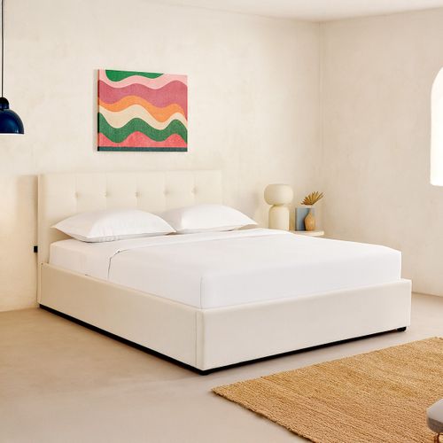 Lit Coffre Adulte 160x200 Cm Avec Tête De Lit Matelassée En Velours Beige Et Sommier - Tina