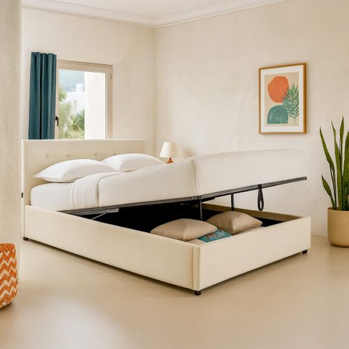 Lit Coffre Adulte 160x200 Cm Avec Tête De Lit Matelassée En Velours Beige Et Sommier - Tina