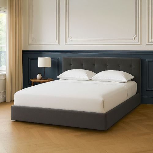 Lit Coffre Adulte 160x200 Cm Avec Tête De Lit Matelassée En Velours Gris Foncé Et Sommier - Tina