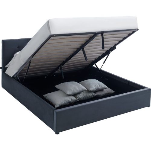 Lit Coffre Adulte 160x200 Cm Avec Tête De Lit Matelassée En Velours Gris Foncé Et Sommier - Tina
