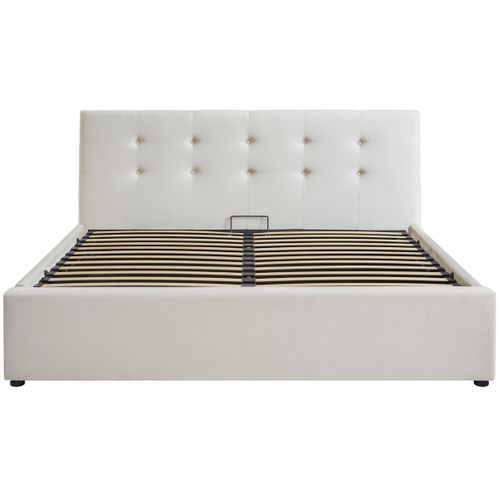 Lit Coffre Adulte 140x190 Cm Avec Tête De Lit Matelassée En Velours Beige Et Sommier - Tina