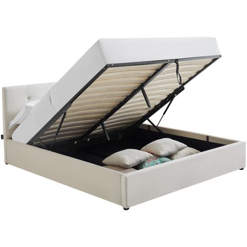 Lit Coffre Adulte 140x190 Cm Avec Tête De Lit Matelassée En Velours Beige Et Sommier - Tina