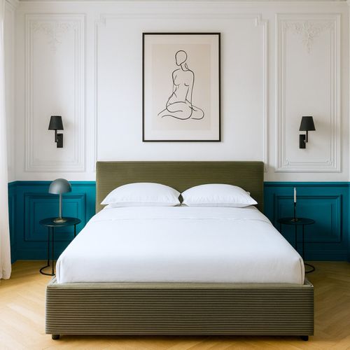 Lit Coffre Adulte 180x200 Cm Avec Tête De Lit Matelassée En Velours Côtelé Vert Et Sommier - Tina