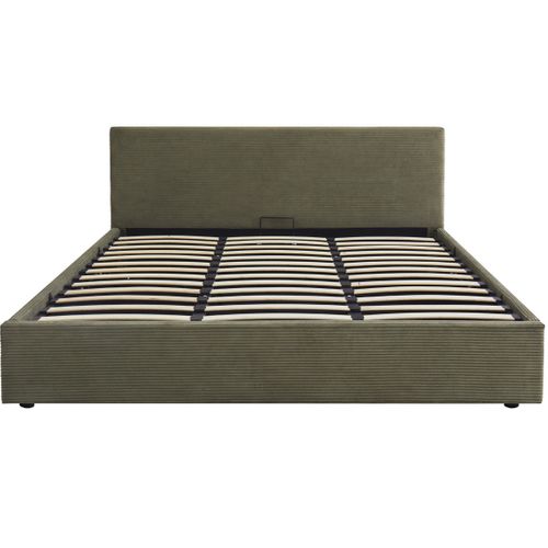 Lit Coffre Adulte 180x200 Cm Avec Tête De Lit Matelassée En Velours Côtelé Vert Et Sommier - Tina