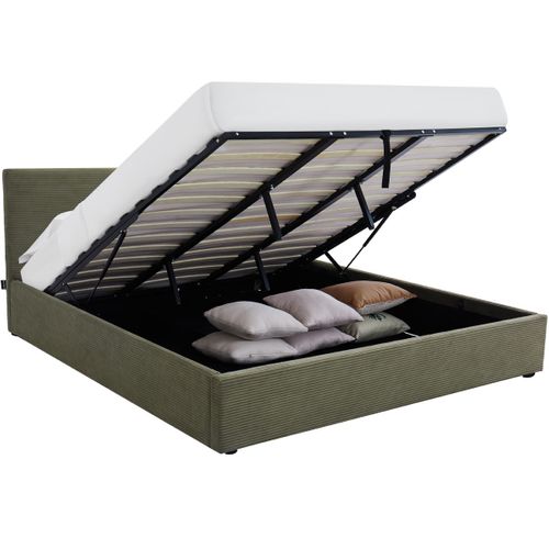 Lit Coffre Adulte 180x200 Cm Avec Tête De Lit Matelassée En Velours Côtelé Vert Et Sommier - Tina