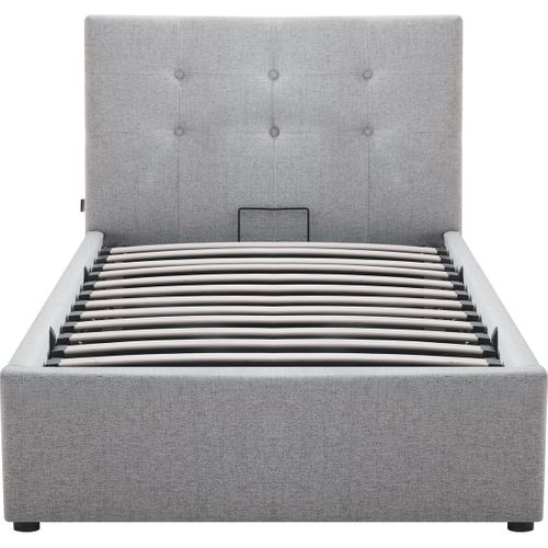 Lit Coffre Adulte 90x190 Cm Avec Tête De Lit Matelassée En Tissu Gris Et Sommier - Tina