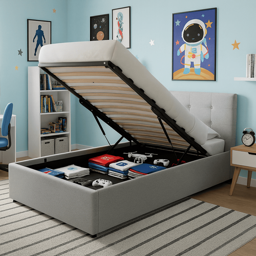 Lit Coffre Adulte 90x190 Cm Avec Tête De Lit Matelassée En Tissu Gris Et Sommier - Tina