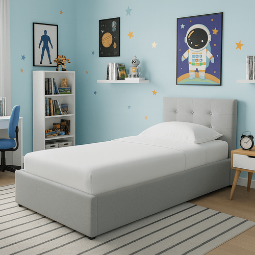 Lit Coffre Adulte 90x190 Cm Avec Tête De Lit Matelassée En Tissu Gris Et Sommier - Tina