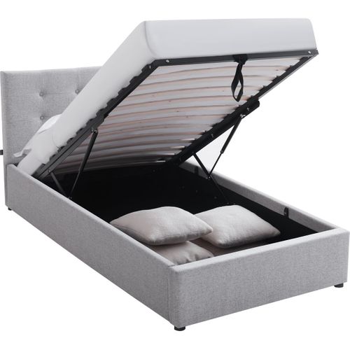 Lit Coffre Adulte 90x190 Cm Avec Tête De Lit Matelassée En Tissu Gris Et Sommier - Tina