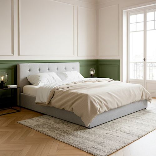 Lit Coffre Adulte 140x190 Cm Avec Tête De Lit Matelassée En Tissu Gris Et Sommier - Tina
