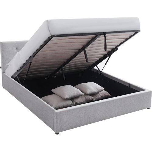 Lit Coffre Adulte 140x190 Cm Avec Tête De Lit Matelassée En Tissu Gris Et Sommier - Tina
