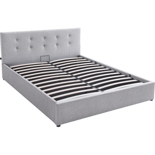 Lit Coffre Adulte 160x200 Cm Avec Tête De Lit Matelassée En Tissu Gris Et Sommier - Tina