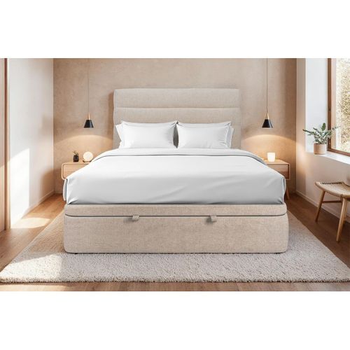 Lit Coffre 160x200cm Avec Tête De Lit Lignes Tissu Beige Brun - Hauteur Totale : 39cm
