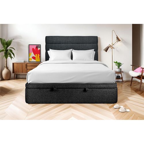 Lit Coffre 160x200cm Avec Tête De Lit Lignes Bouclette Noir - Hauteur Totale : 39cm