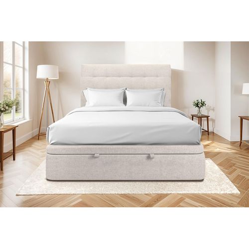 Lit Coffre 180x200cm Avec Tête De Lit Capitonnée Tissu Beige Clair - Hauteur Totale : 39cm