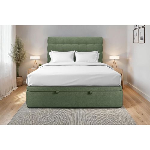 Lit Coffre 160x200cm Avec Tête De Lit Capitonnée Tissu Vert - Hauteur Totale : 39cm