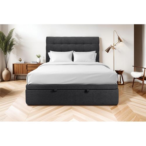 Lit Coffre 140x190cm Avec Tête De Lit Capitonnée Tissu Noir - Hauteur Totale : 39cm