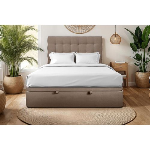 Lit Coffre 180x200cm Avec Tête De Lit Capitonnée Velours Taupe - Hauteur Totale : 39cm
