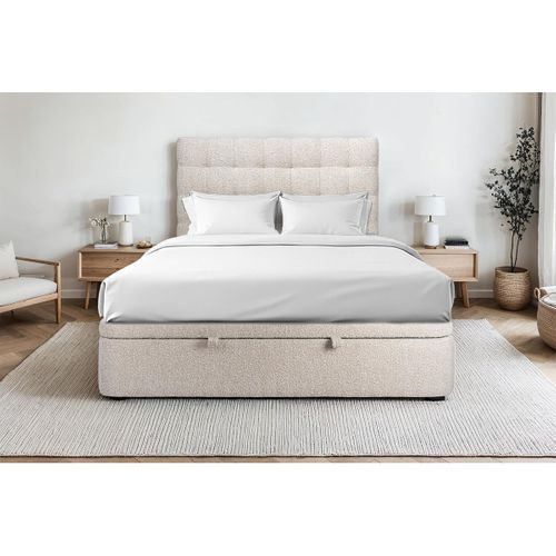 Lit Coffre 200x200cm Avec Tête De Lit Capitonnée Bouclette Beige - Hauteur Totale : 39cm