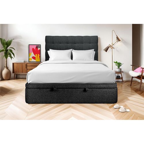 Lit Coffre 180x200cm Avec Tête De Lit Capitonnée Bouclette Noir - Hauteur Totale : 39cm